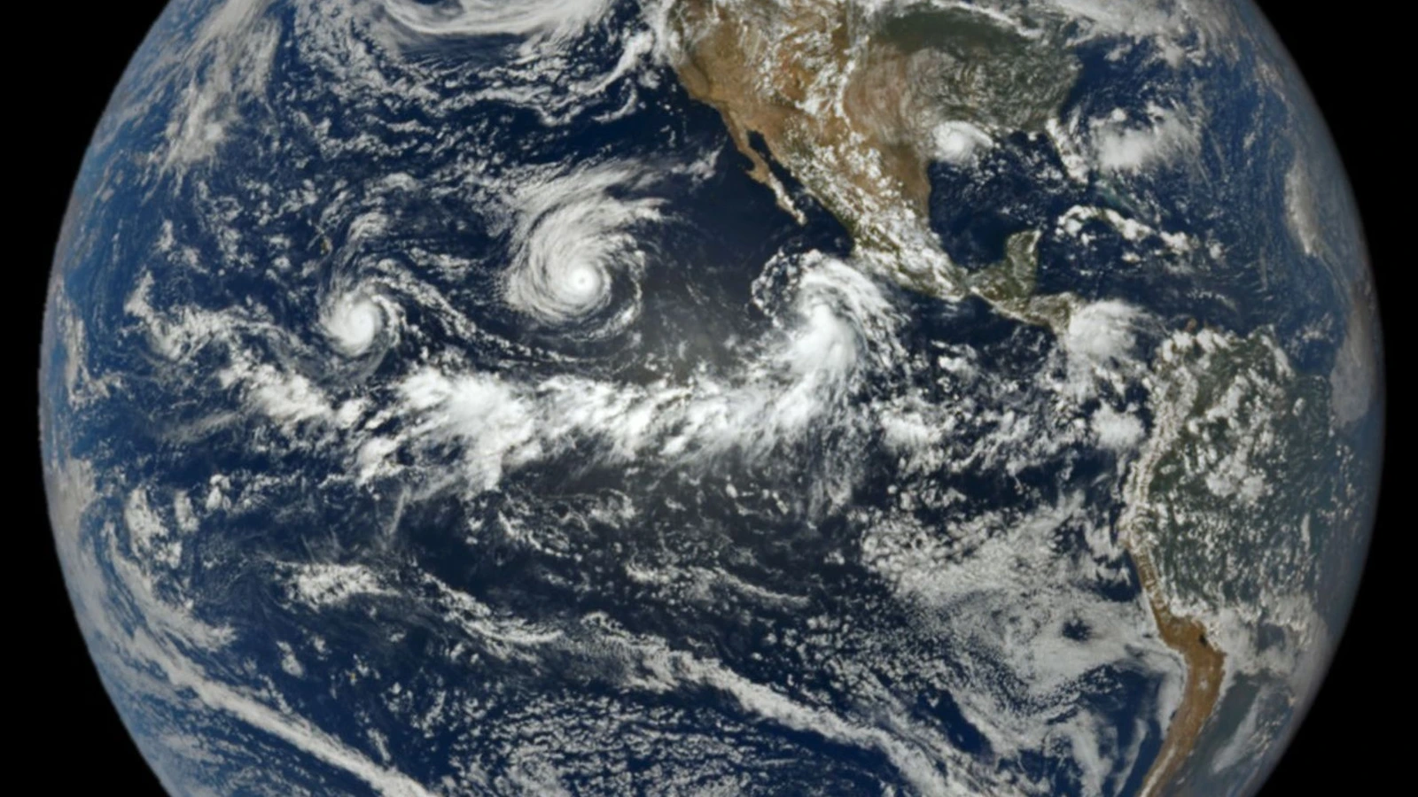 Full-disk DSCOVR EPIC view of three named tropical cyclones over the Pacific on September 1, 2026